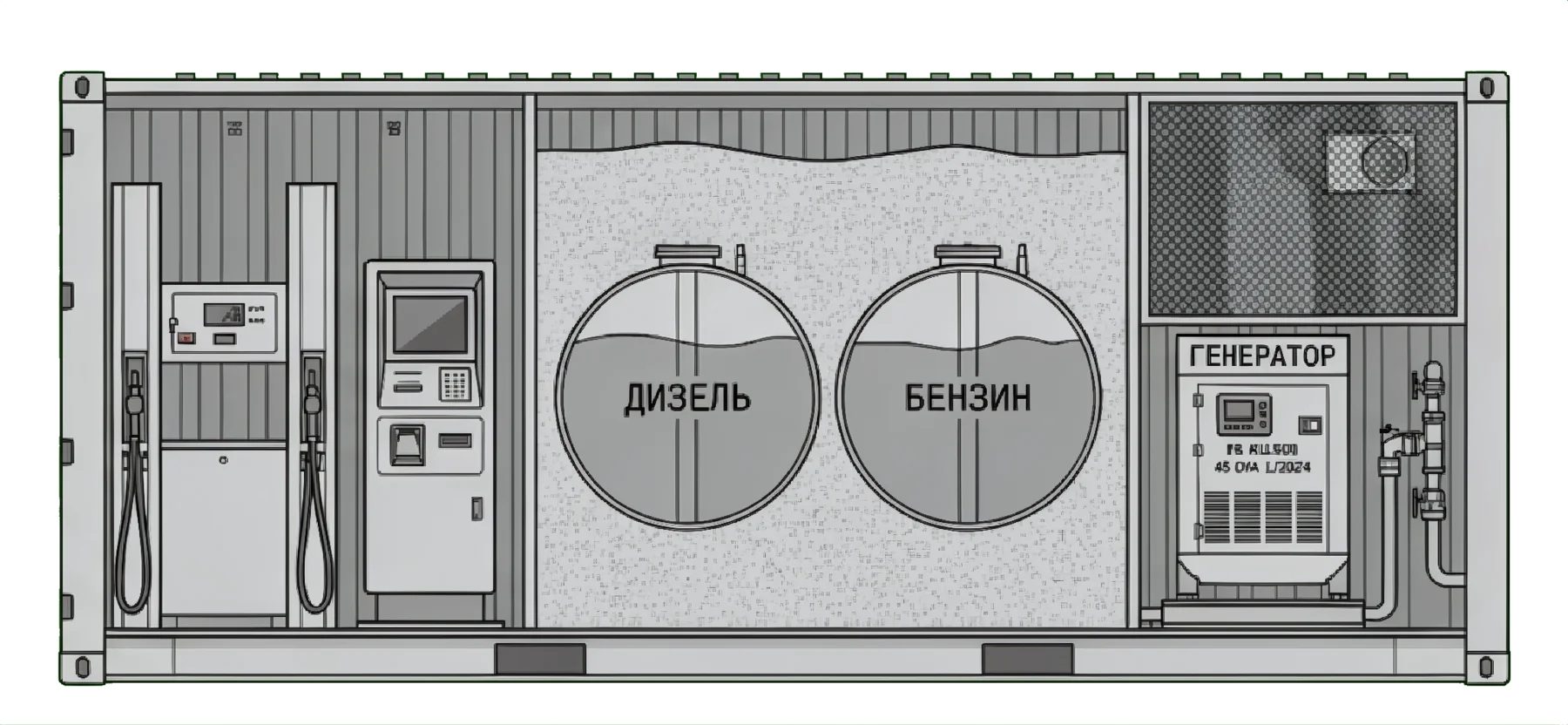Розріз модуля: попереду ТРК і термінал, у центрі резервуари в піщаній обсипці, ззаду прийом палива та генератор
